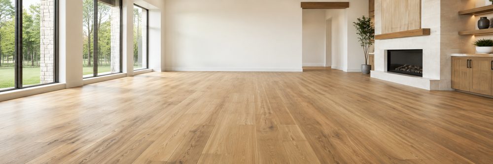 Oak flooring in a bright living room with a fireplace
