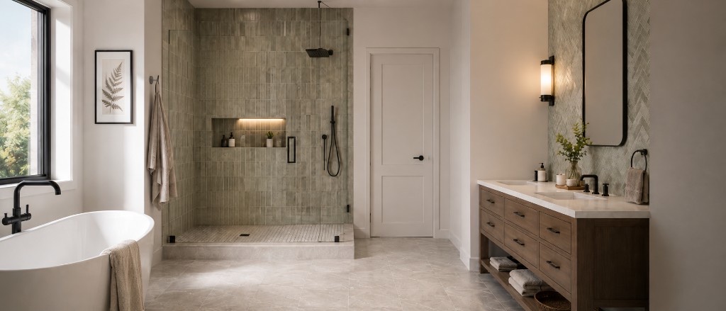 Spa bathroom with a freestanding tub, sage-tiled walk-in shower and wood double vanity
