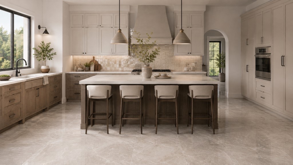 Open kitchen with a marble island, cream cabinetry, tiled backsplash and stone floor