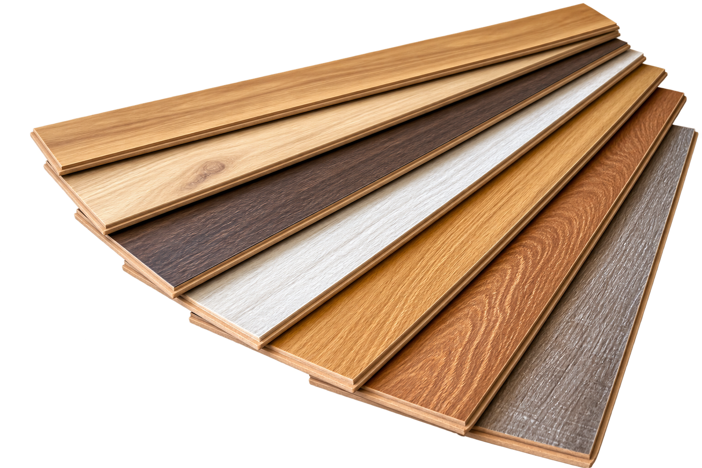 Laminate flooring samples fanned out, showing oak, walnut, whitewash and grey finishes