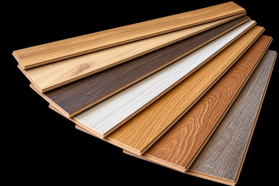 Laminate flooring samples fanned out, showing oak, walnut, whitewash and grey finishes