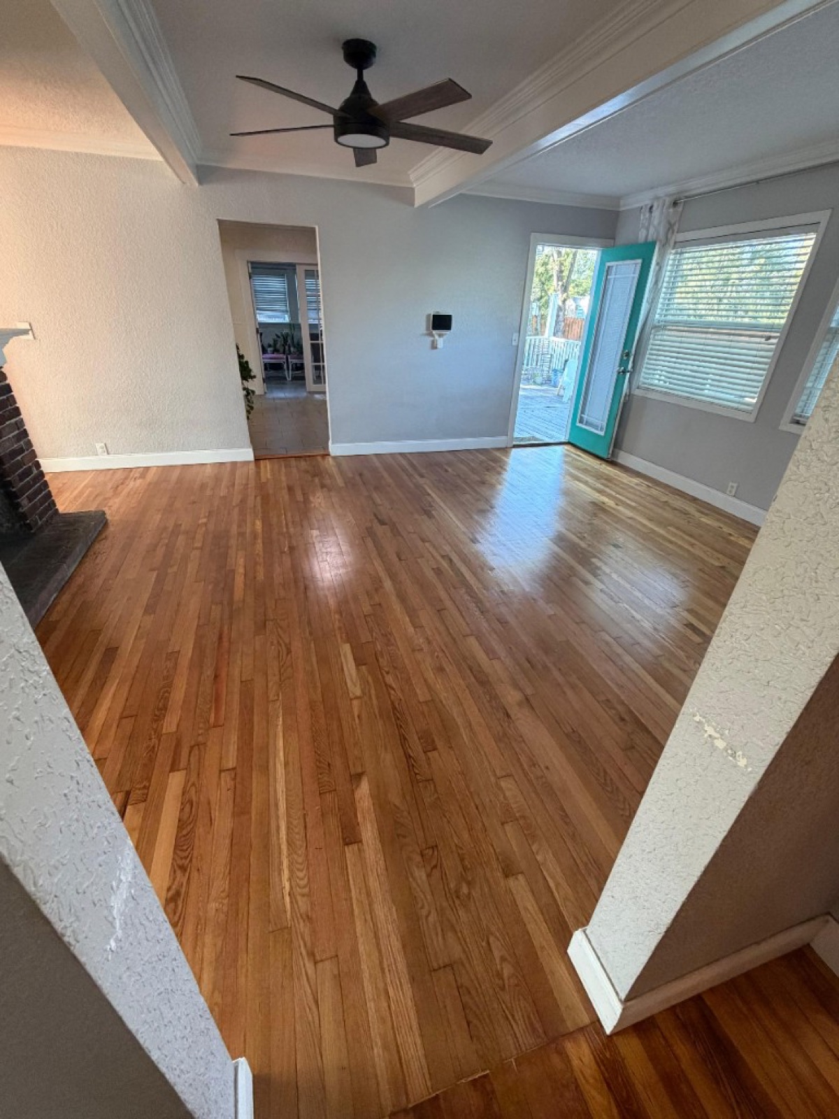 Living room with polished light hardwood flooring, grey walls and a teal door opening to a wood deck